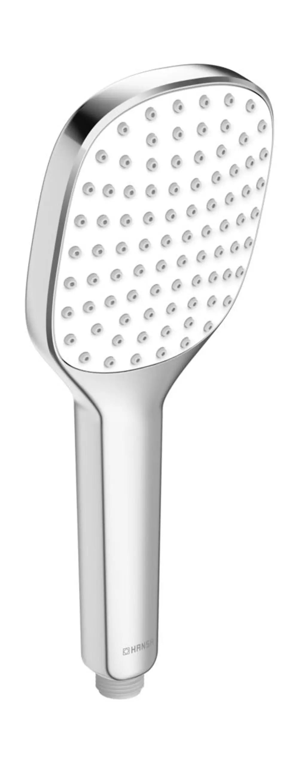 Handbrause mit einem flachen Duschkopf, ausgestattet mit vielen kleinen Düsen, aus verchromtem Material, von der Marke HANSA.